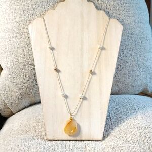 Agate brown & cream necklace goldtone beads chain 24" faux pearls